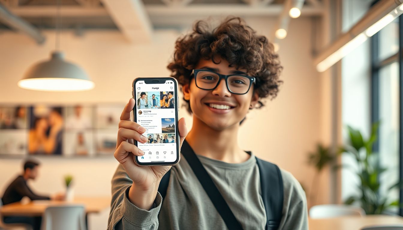 A woman creating content on her smartphone, surrounded by colorful digital overlays and social media icons, symbolizing the dynamic world of influencer marketing and digital communication.