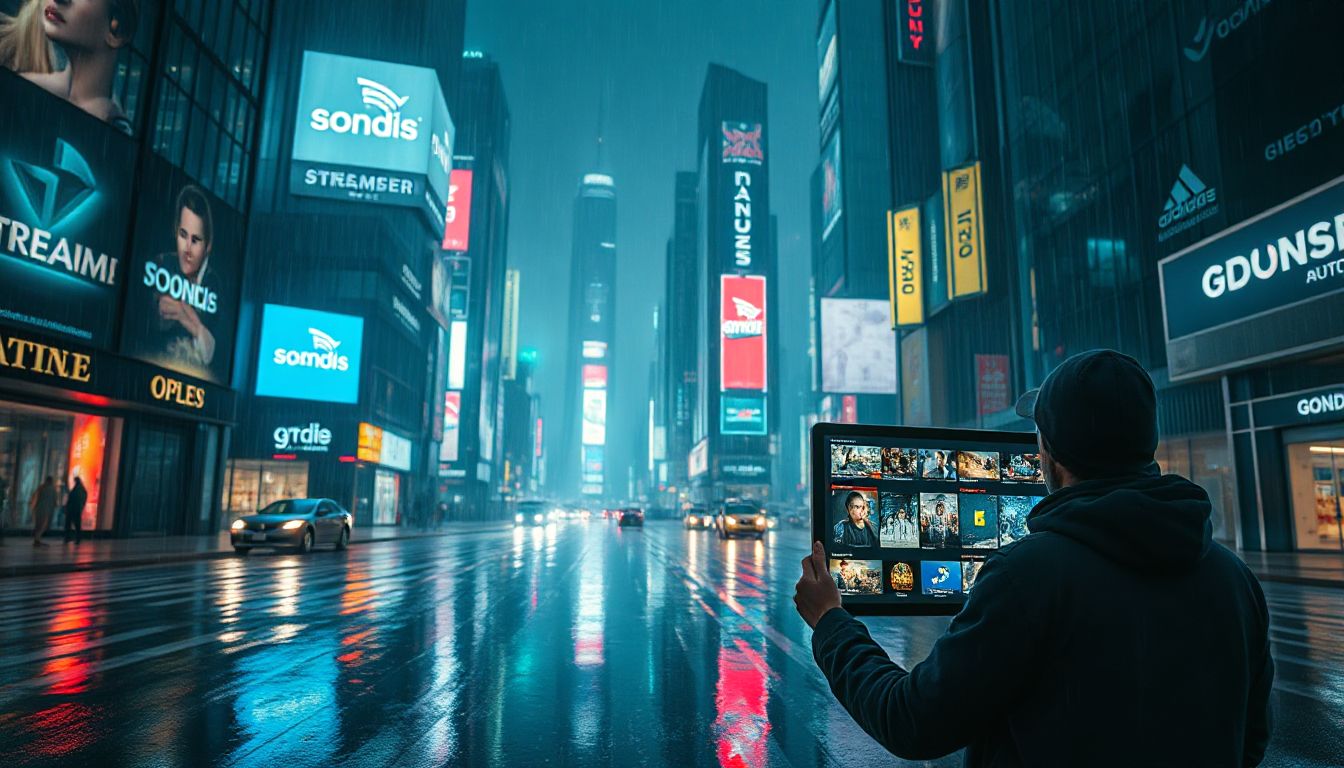 Futuristic living room with a large screen displaying diverse movies, symbolizing the seamless integration of IPTV entertainment.