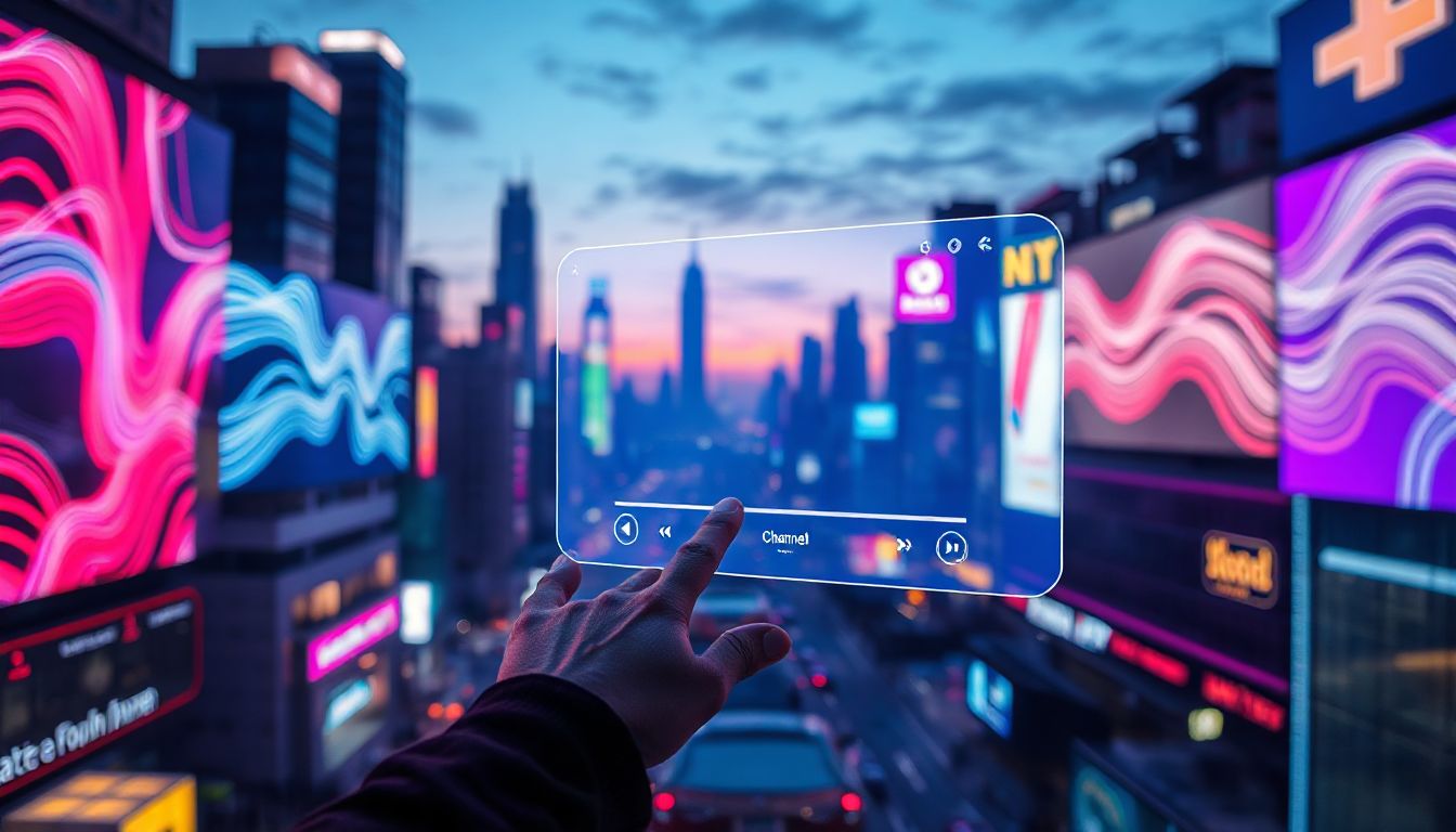 (A person watches IPTV content on a large screen, surrounded by smart home devices and glowing ambient light, reflecting advanced home entertainment.)