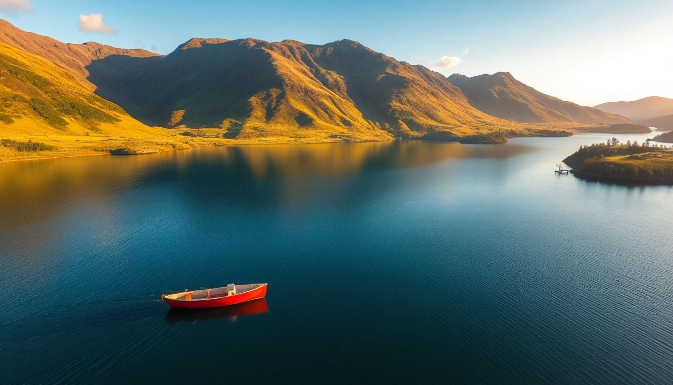 A drone hovers above a serene Lake District landscape, capturing the stunning interplay of calm water, lush green fells, and a clear sky at sunrise.