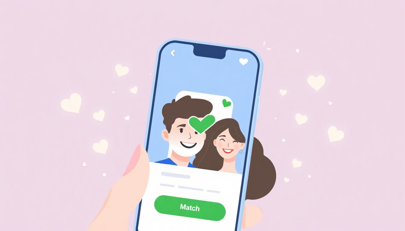 A woman on her phone, smiling and looking thoughtfully at the screen as she uses a dating app, with blurred city lights in the background.