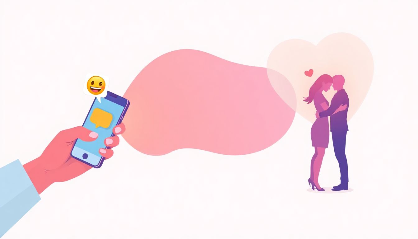 Two people smiling and laughing together, with a blurred cityscape in the background, symbolizing connection and modern romance.