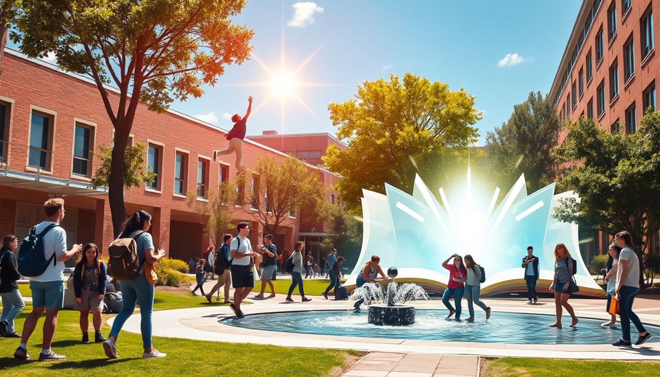A diverse group of college students laughing and studying together on a sunny campus lawn, representing academic and social success.
