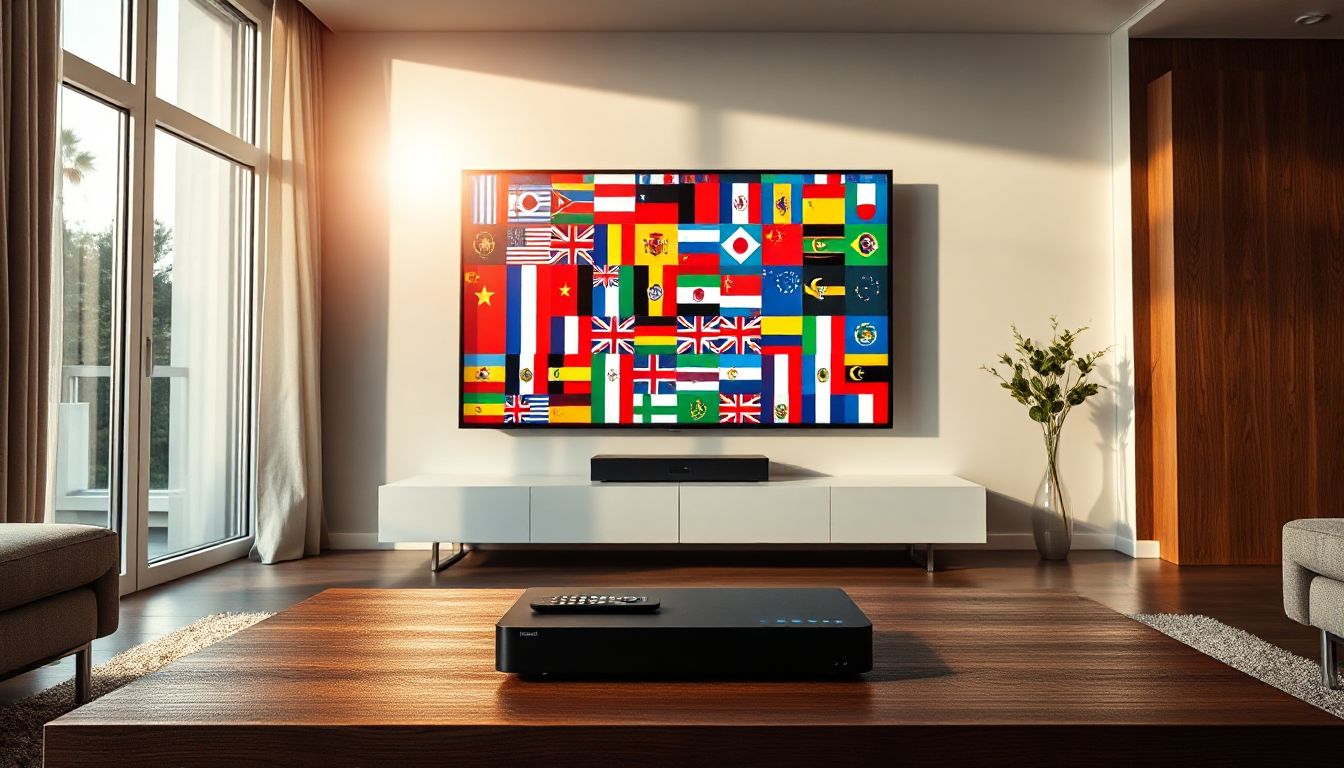 A vibrant living room display showcases diverse European content, highlighting the future of IPTV.