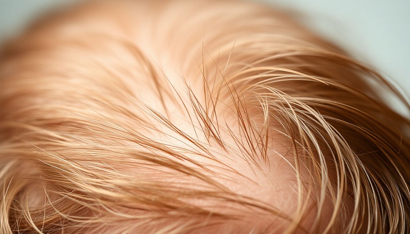 A person looking concerned at a strand of hair, symbolizing hair loss and worry.