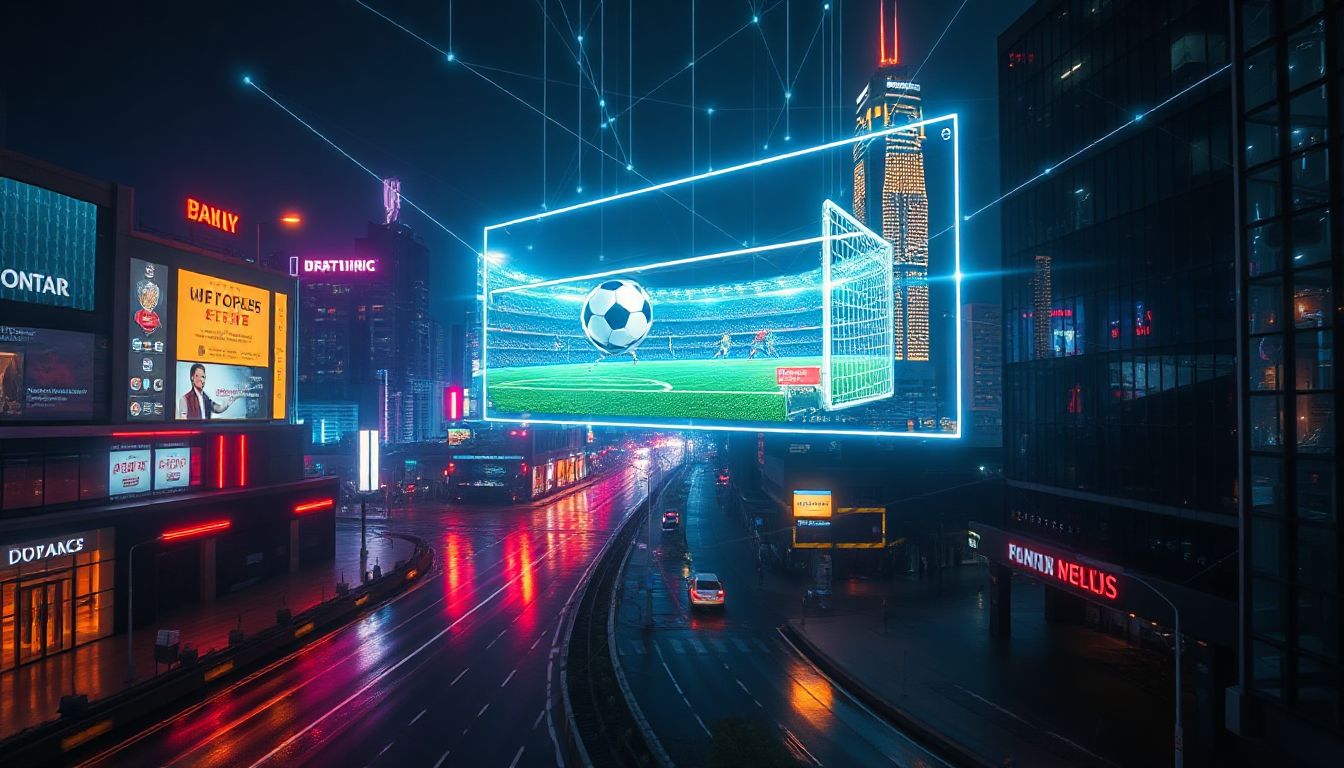 A vibrant football stadium lights up at night, ready for action – a perfect symbol for the exciting future of IPTV sports broadcasting.