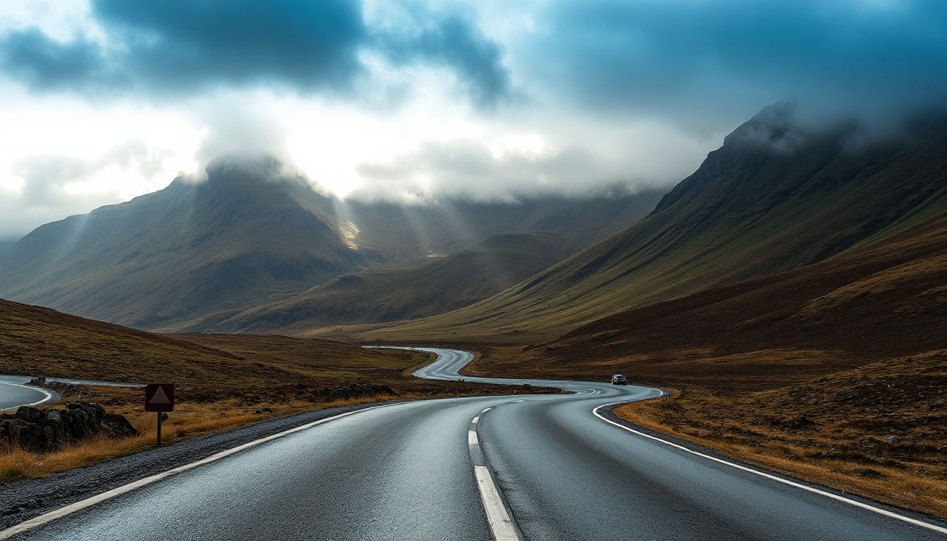 (A motorcycle rider takes on a winding road through the stunning Lake District, beckoning adventure.)