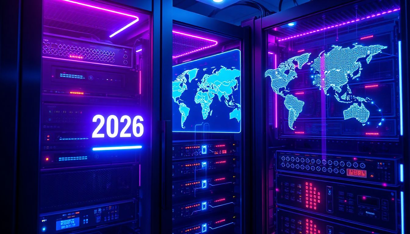 (A modern server room with illuminated racks, symbolizing the advanced infrastructure for IPTV streaming in 2026)