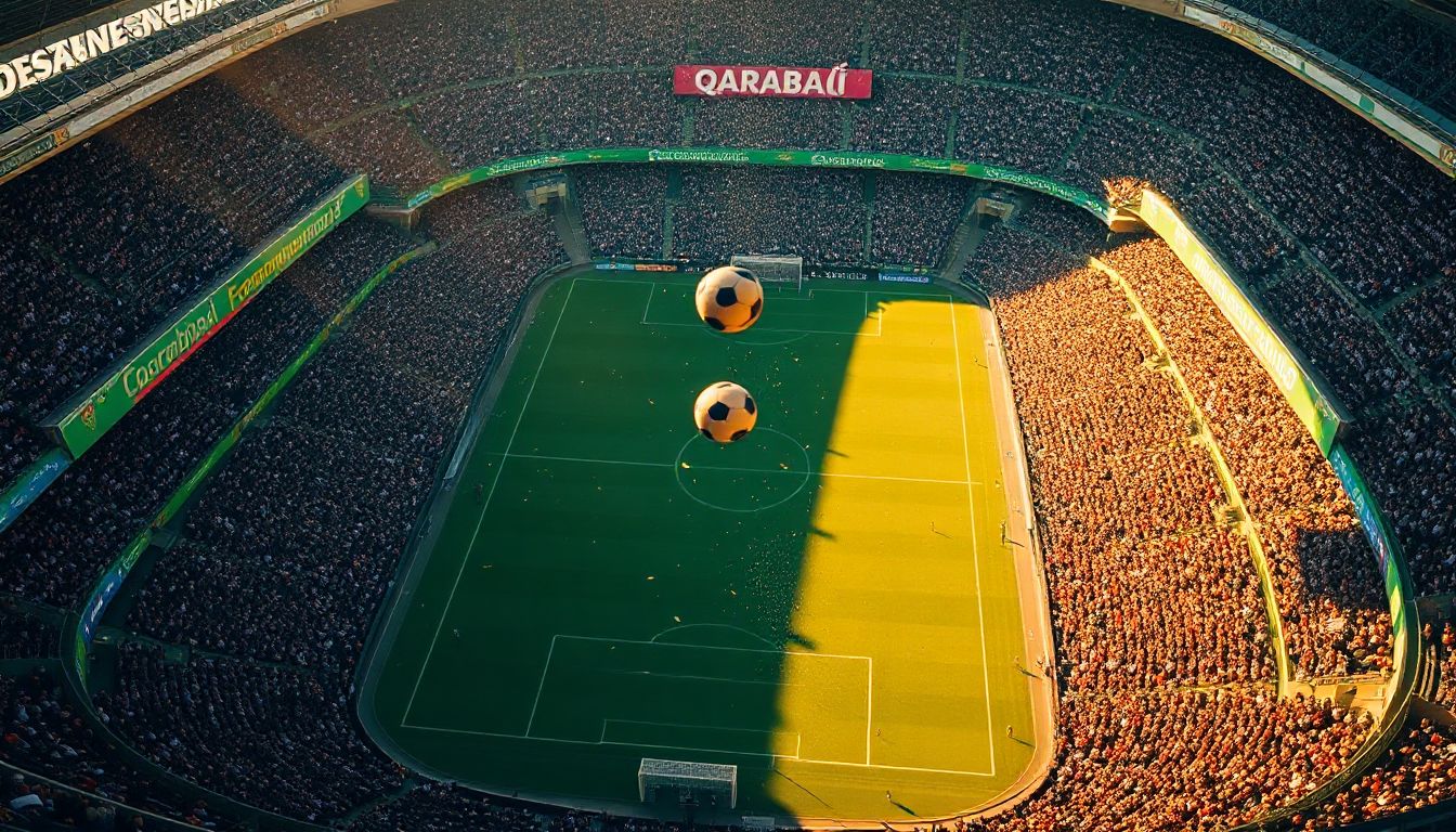 (A passionate Qarabağ fan watches intensely as their team battles on the pitch in a thrilling UEFA Champions League fixture.)