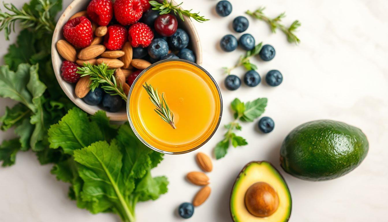 A vibrant green tea latte sits beside fresh spinach, berries, and nuts, representing natural ingredients for hair health.