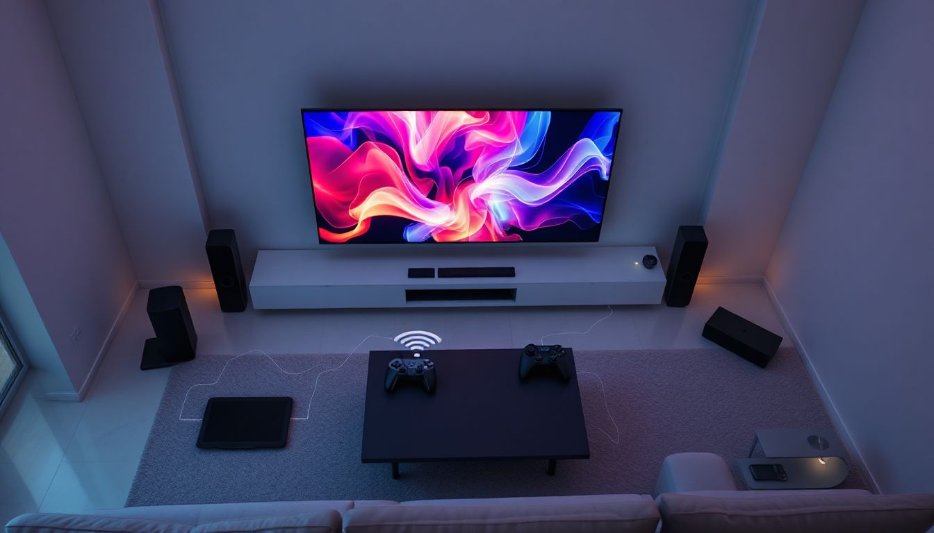 A person comfortably watches IPTV Extreme on a tablet, surrounded by other digital devices like a laptop and smartphone, illustrating the challenge of managing a single connection across multiple screens.