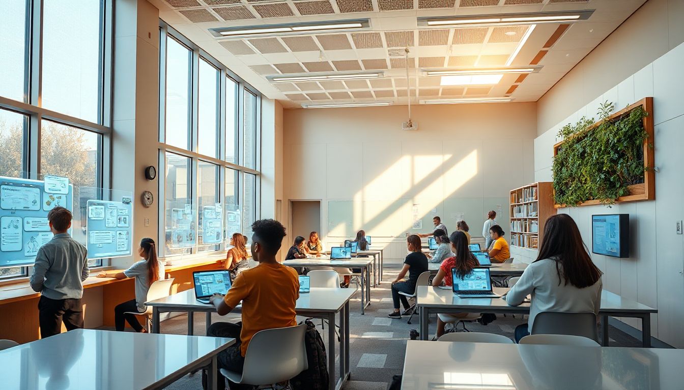Students engaging with an interactive projection on a classroom floor, highlighting playful learning and technology integration.