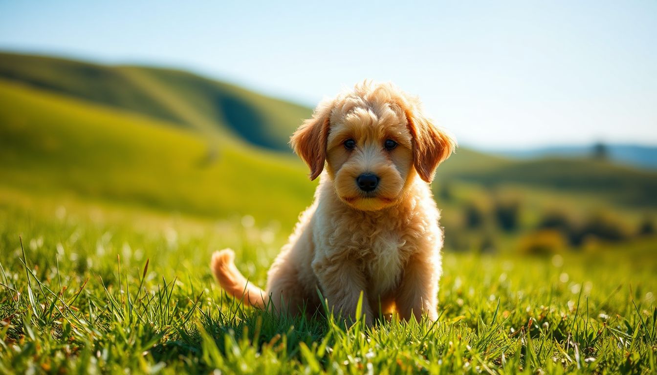 (A fluffy Golden Doodle puppy looks up with big, curious eyes, its curly, apricot-coloured coat catching the light.)