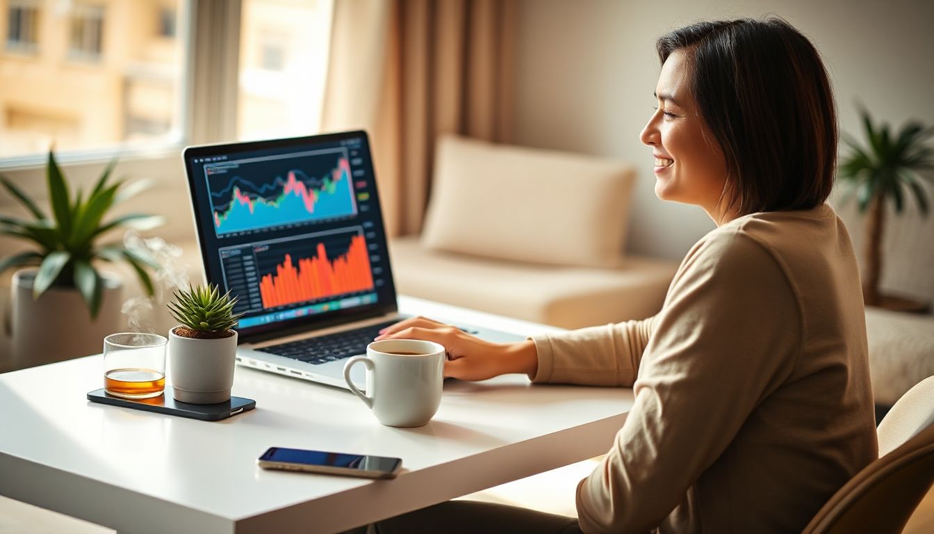 A person working on a laptop at a home desk, enjoying coffee, and earning income remotely