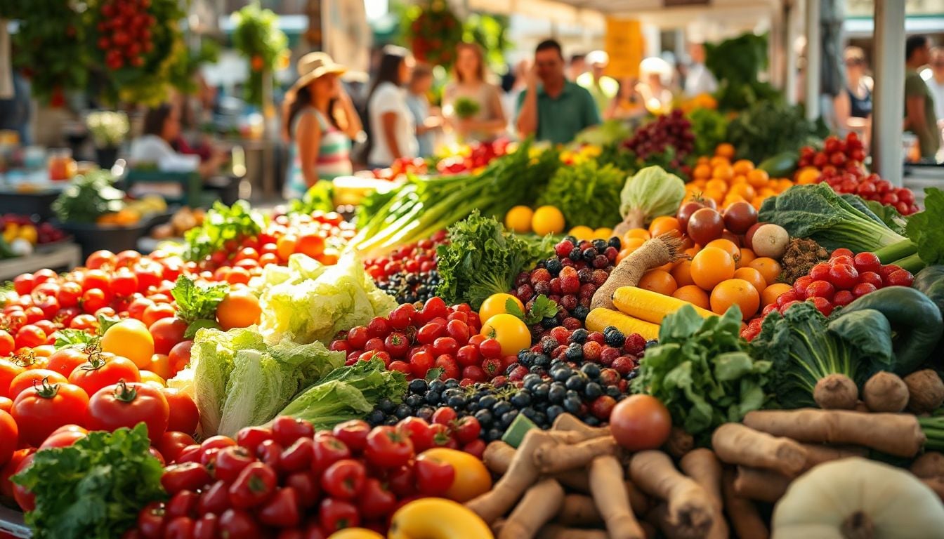 A vibrant assortment of colorful, fresh seasonal produce, showcasing the bounty of nature's harvest.