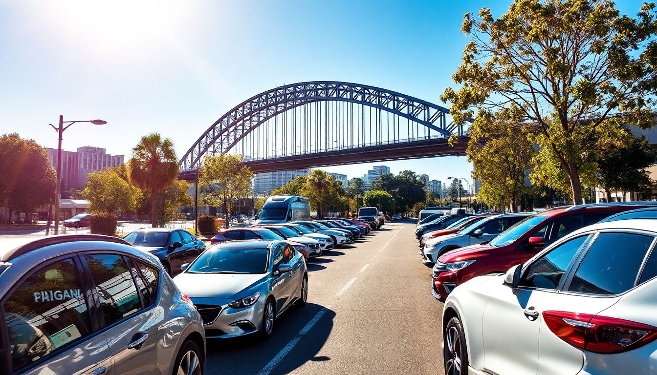Car cruising through Brisbane city streets with Story Bridge in background, symbolizing freedom and the journey of securing a car loan.