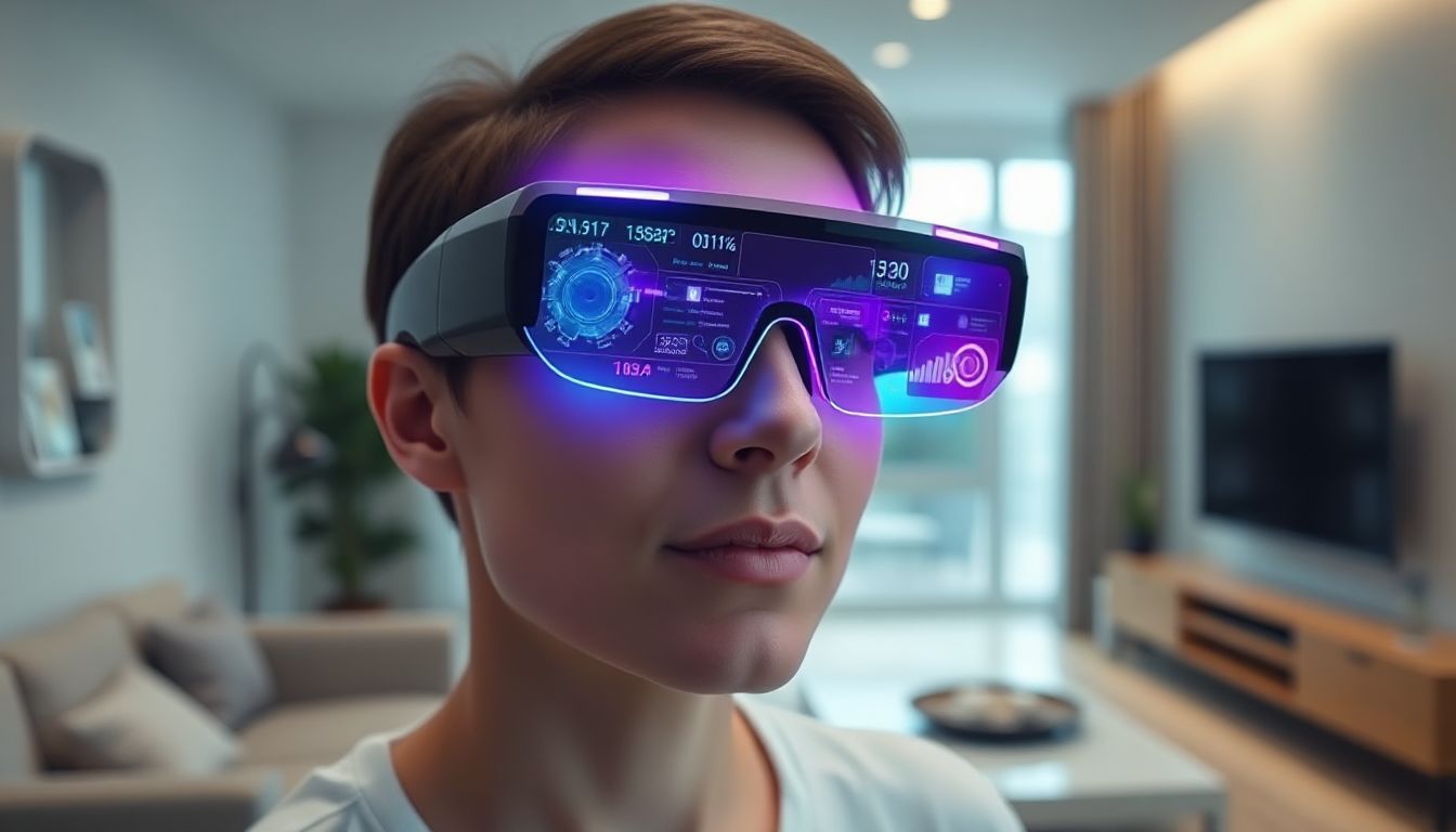 A person wearing sleek, dark smart glasses with a subtle glow, demonstrating advanced display technology for an immersive visual experience.