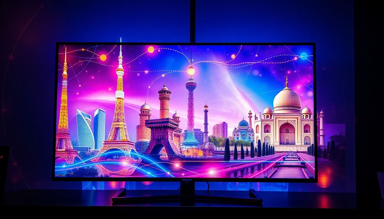A family enjoys diverse Asian TV content on a large screen, with various show genres and cultural elements visible in the background, representing the rich variety of IPTV Asian channels.
