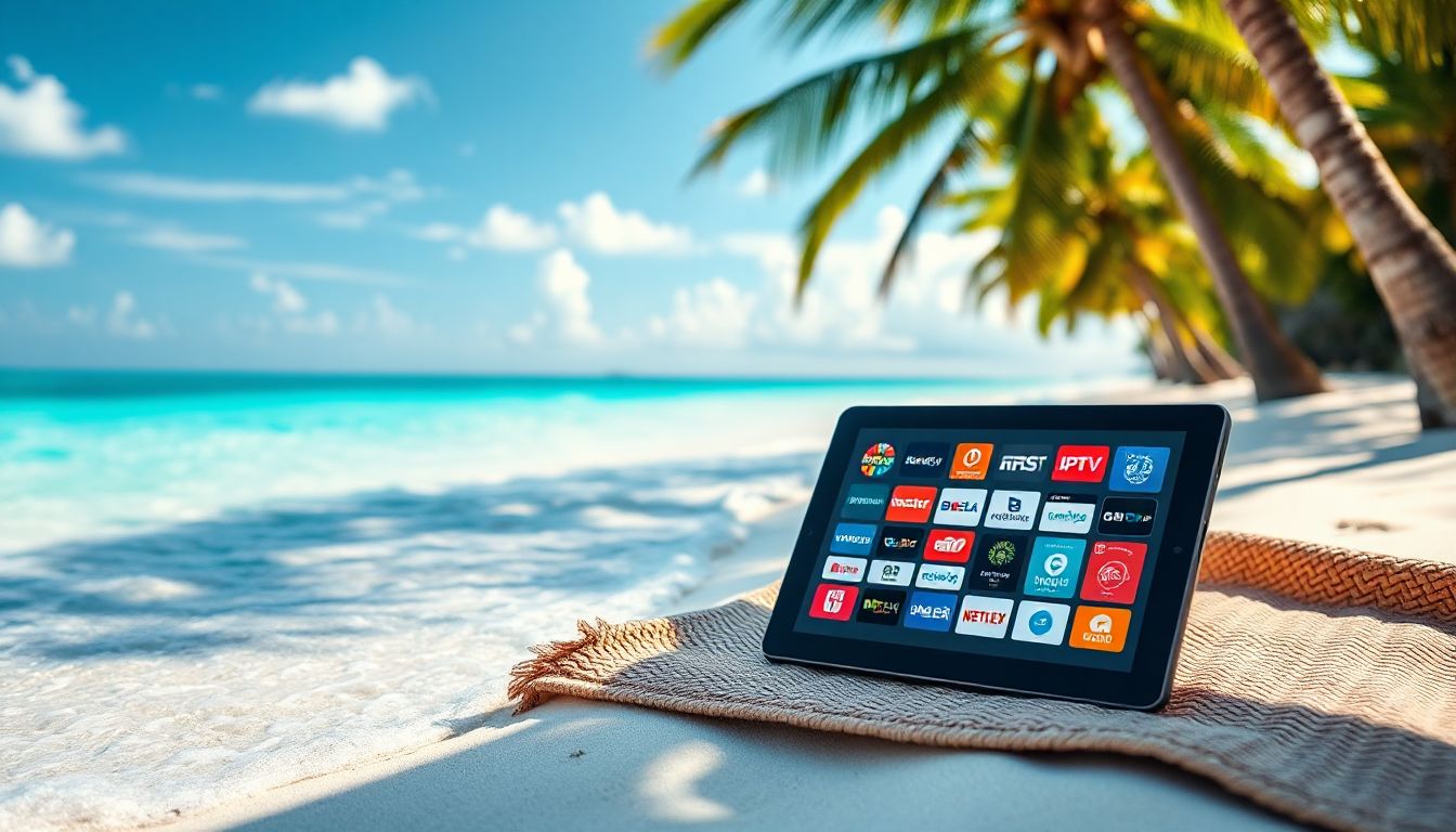 A family watches a colorful display of Caribbean channels on a modern smart TV, with a remote control resting on a bright cushion.