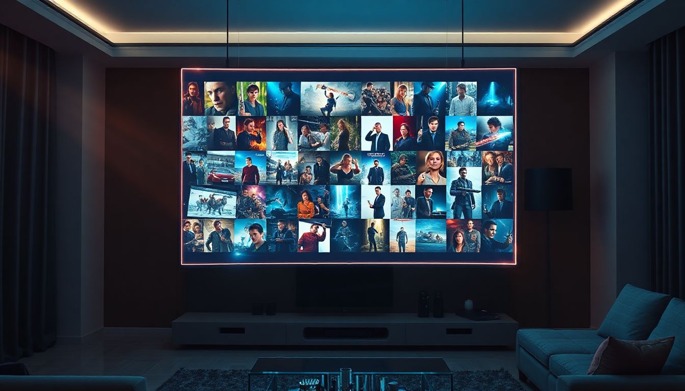 (A vibrant living room with a large smart TV displaying a futuristic movie interface, with holographic elements and diverse content categories)