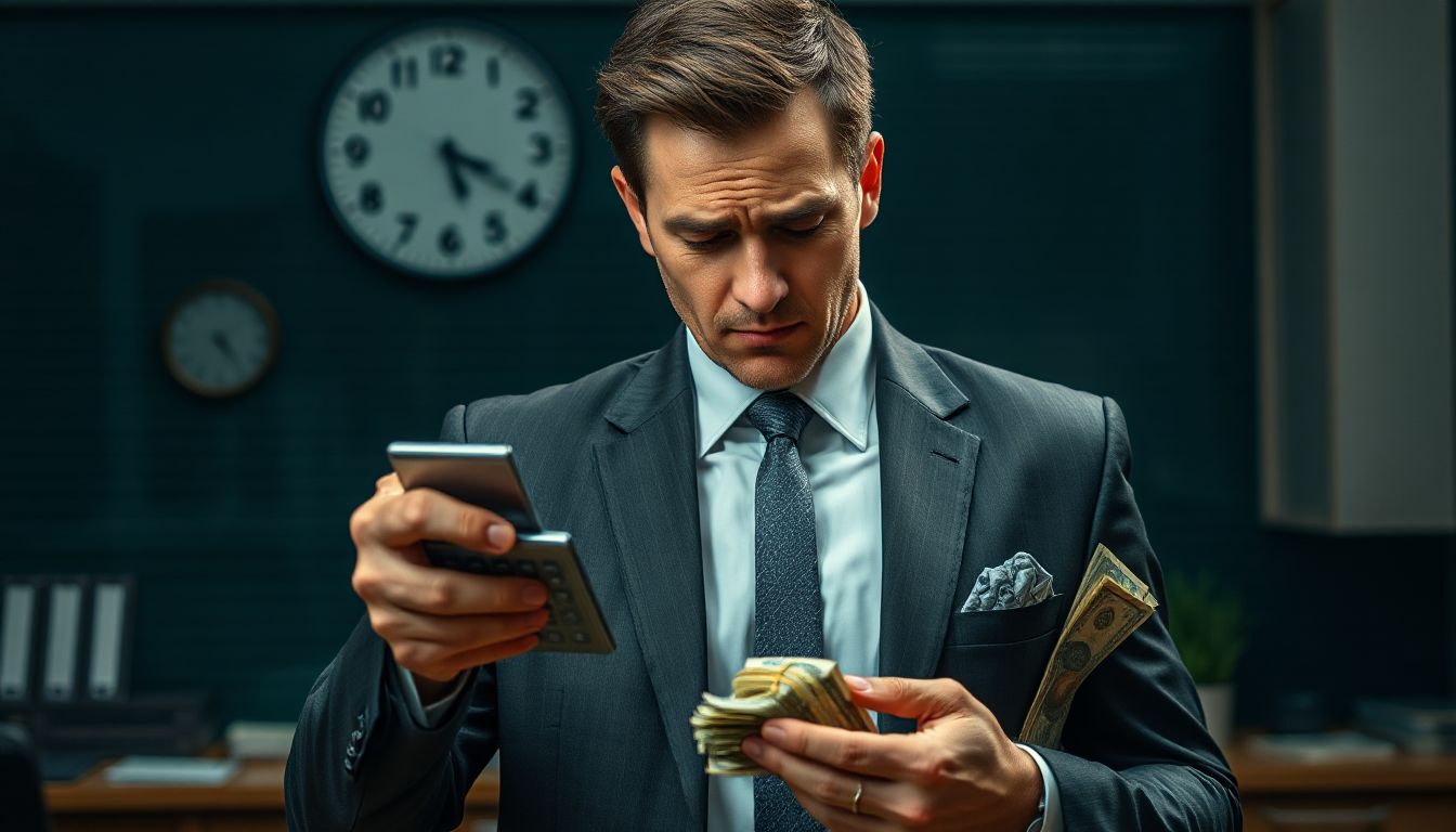 A person in a professional office setting looking at a clock on a computer screen, signifying extended work hours for a salaried role.