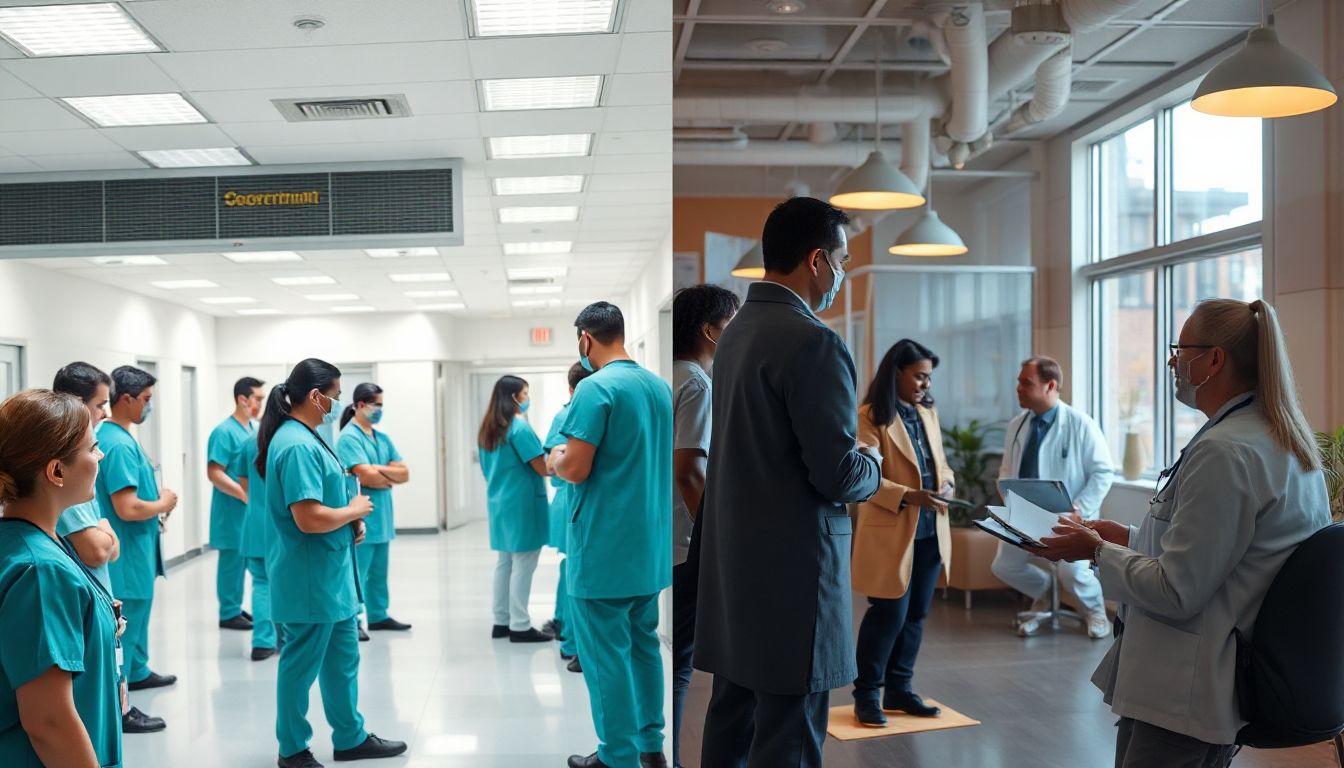 Two doctors shaking hands, one in a uniform, the other in scrubs.