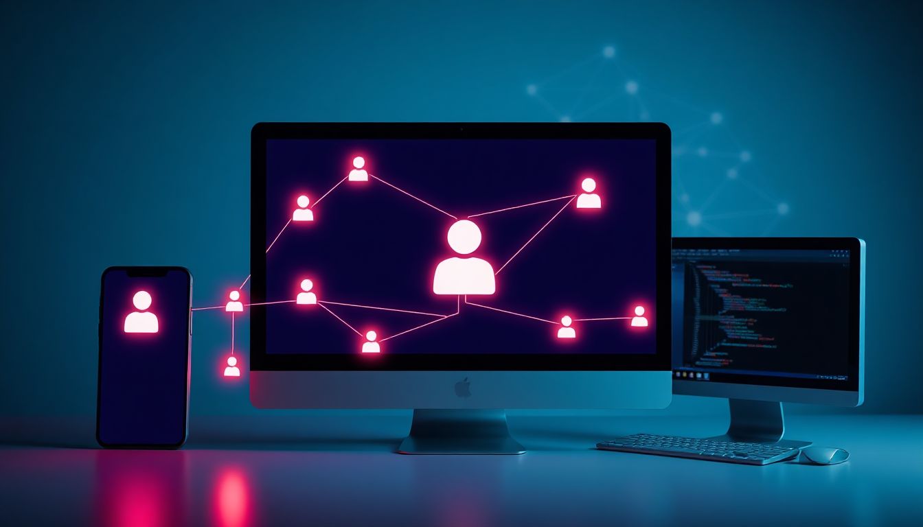 A complex network of interconnected digital devices and data streams, symbolizing cross-platform user tracking.