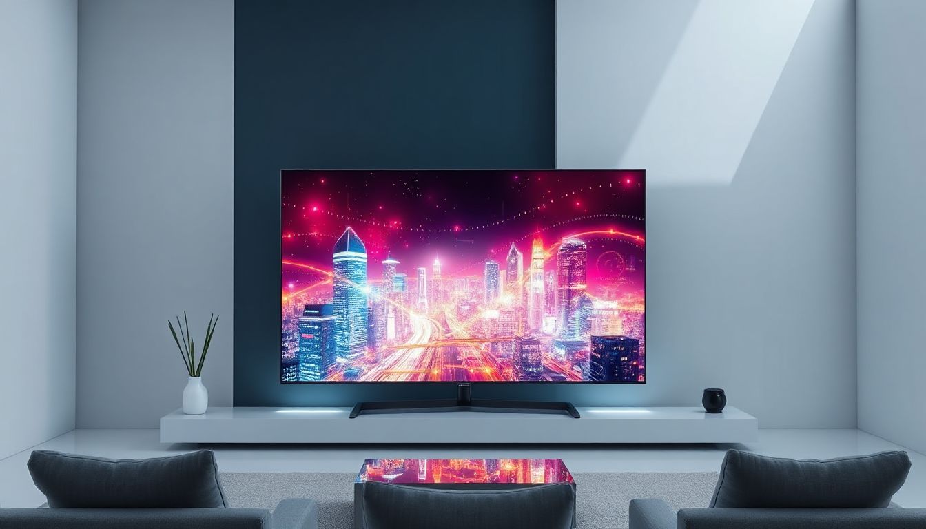 A futuristic LG Smart TV displaying vivid IPTV content, with a sleek remote control and a living room background.