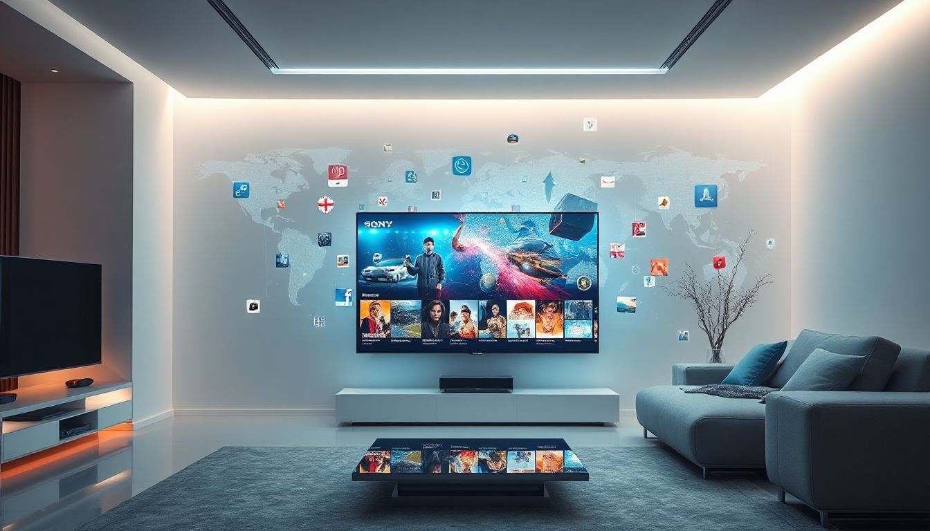 A modern living room with a large, sleek Sony Smart TV displaying vibrant IPTV content, set against a backdrop of futuristic city lights.