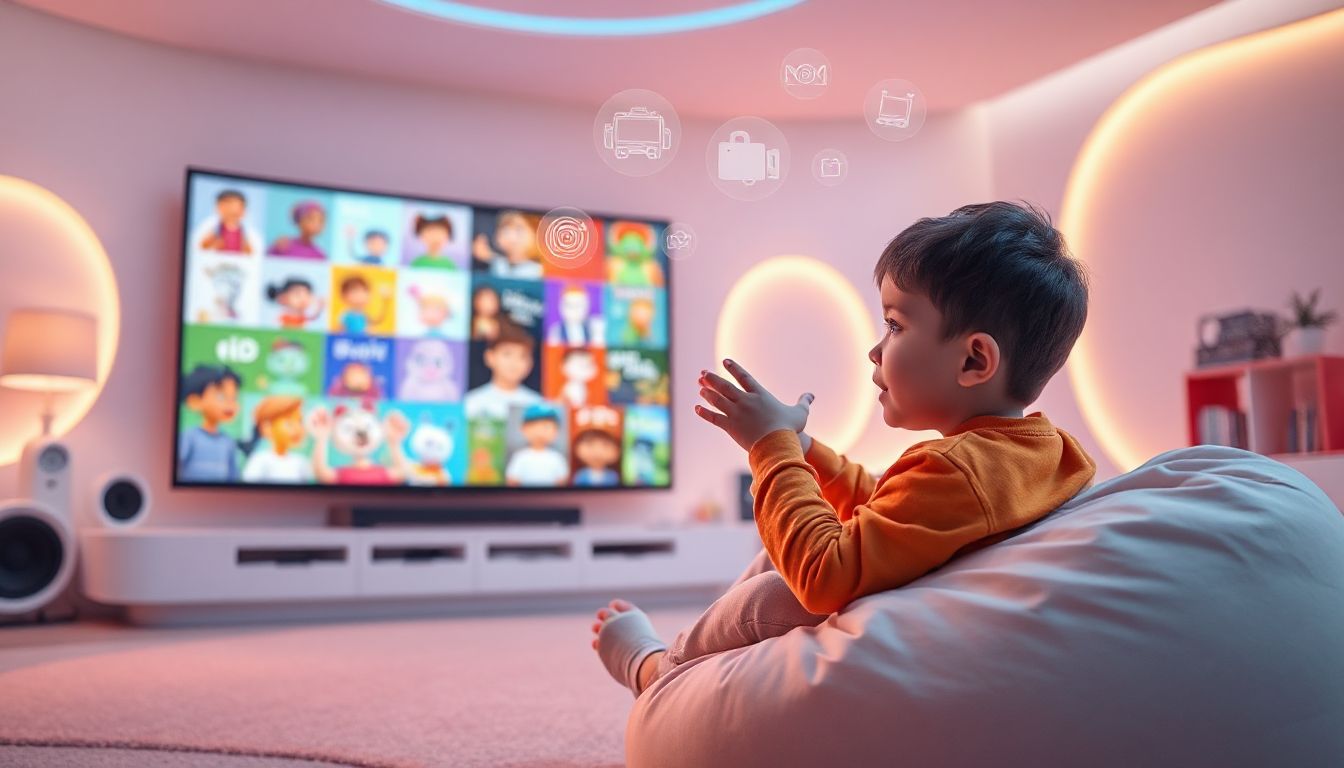 (Children laughing while watching educational content on a tablet connected to IPTV)