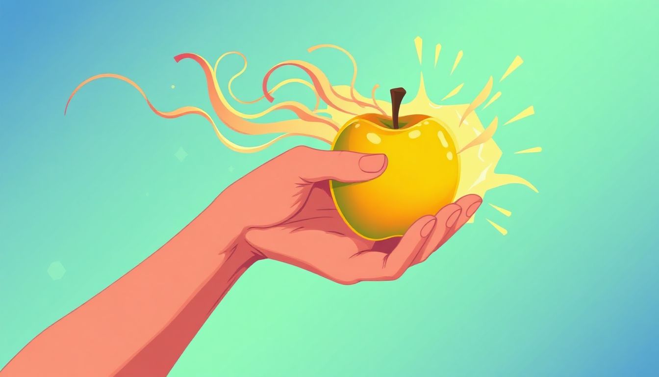 A person reaching for a small, colorful piece of candy, surrounded by various healthy fruits and vegetables, suggesting the choice between a quick treat and nourishing options.