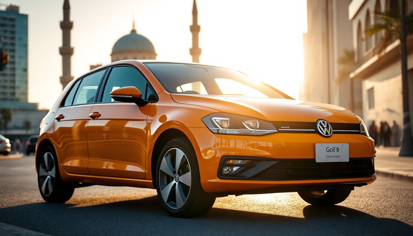 Une élégante Volkswagen Golf 8 garée devant un paysage urbain de Casablanca, prête pour votre aventure marocaine.