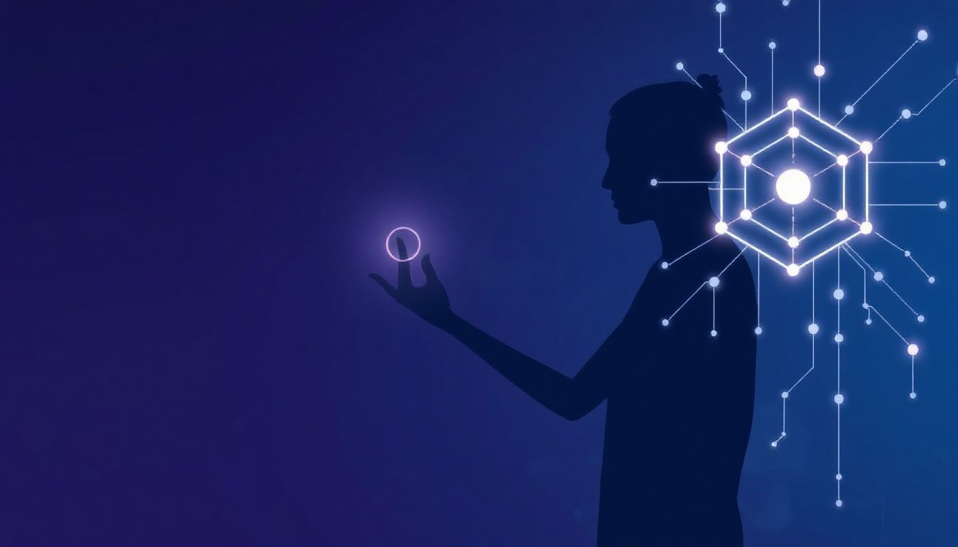 A digital marketer analyzing data on a futuristic interface, surrounded by graphs and AI symbols, representing the power of AI and automation in marketing.