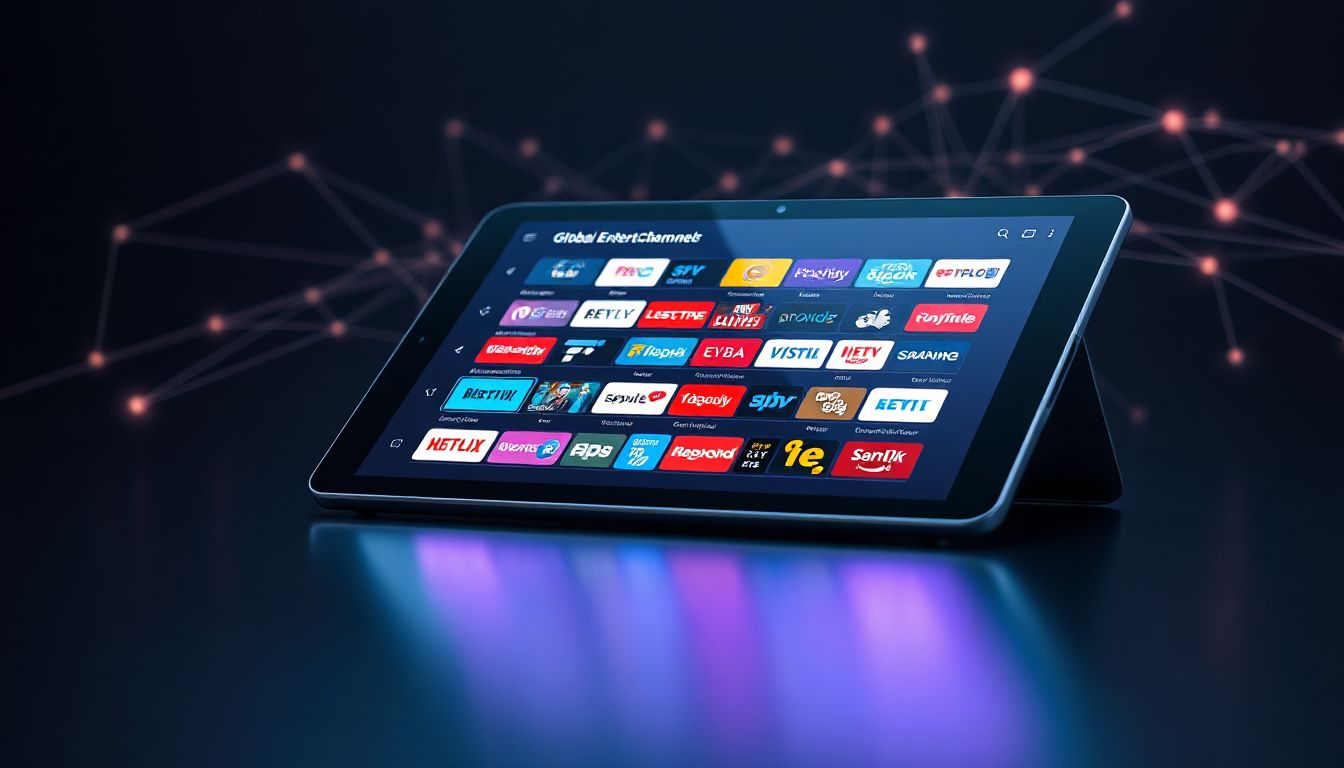 (A person using a laptop, showing a screen with various streaming service logos, representing the future of digital entertainment and business opportunities.)