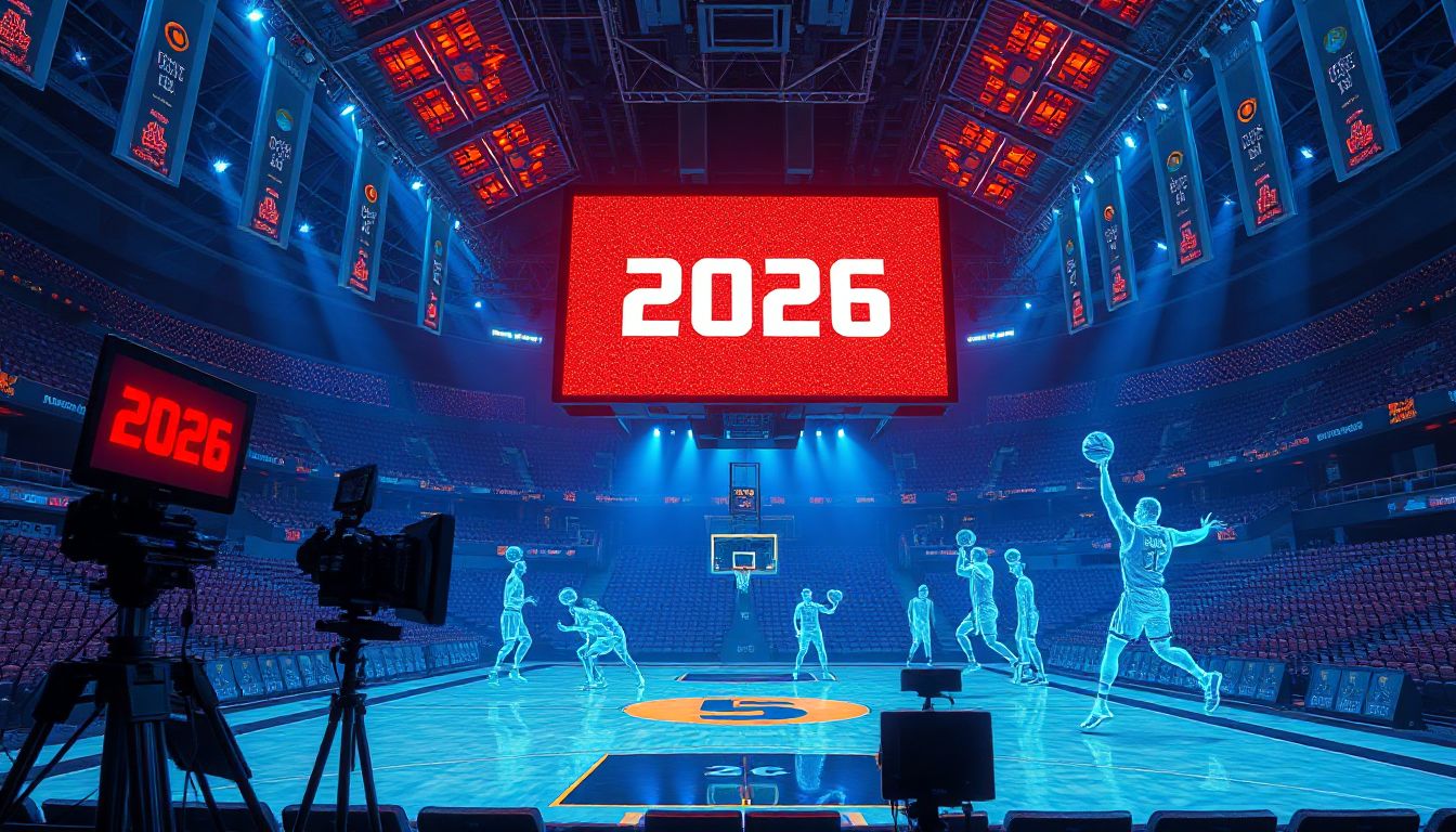 A vibrant digital display shows multiple live basketball games streaming simultaneously, with dynamic graphics indicating scores and player statistics.