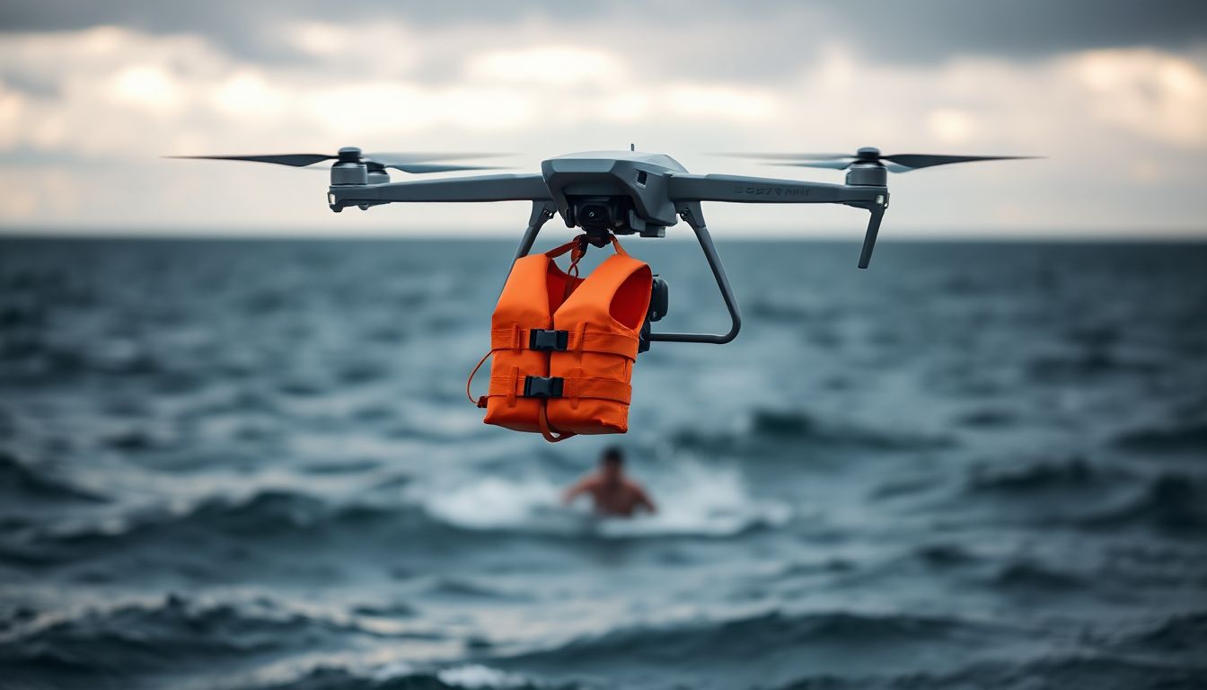 A drone hovers over water, carrying a bright orange life vest, ready for deployment during a rescue.