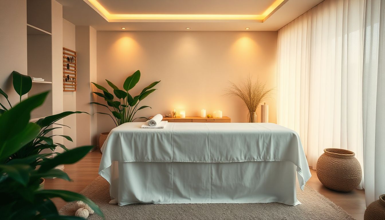 A serene, dimly lit massage room with soft lighting and comfortable massage beds, hinting at a peaceful escape.