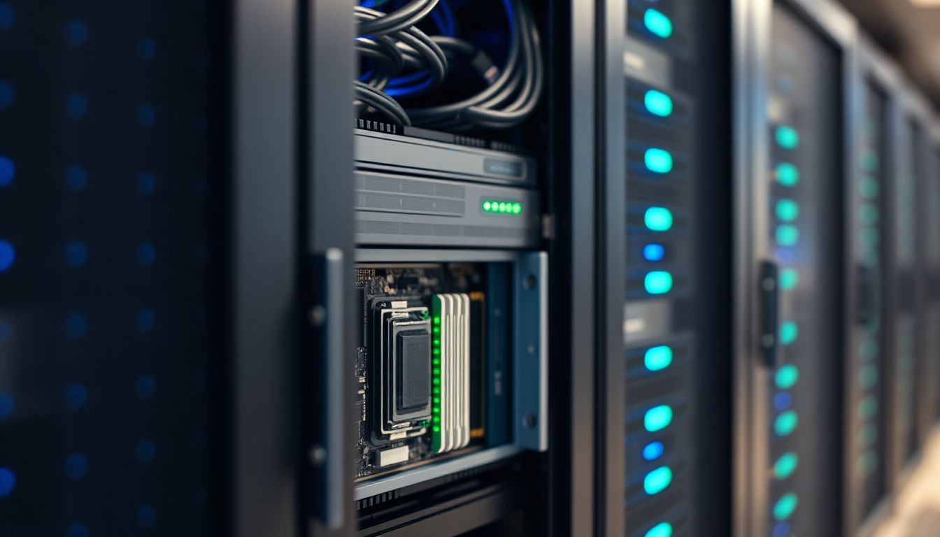 Ein Server-Rack mit mehreren Blade-Servern und farbcodierten Kabeln in einem modernen Rechenzentrum