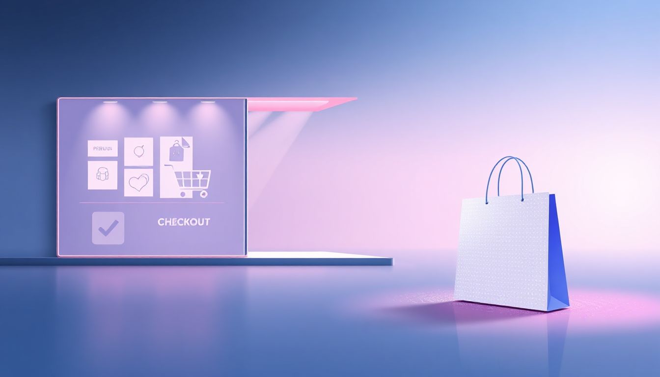 Digital shopping landscape with diverse products and a globe, showing the reach of online business