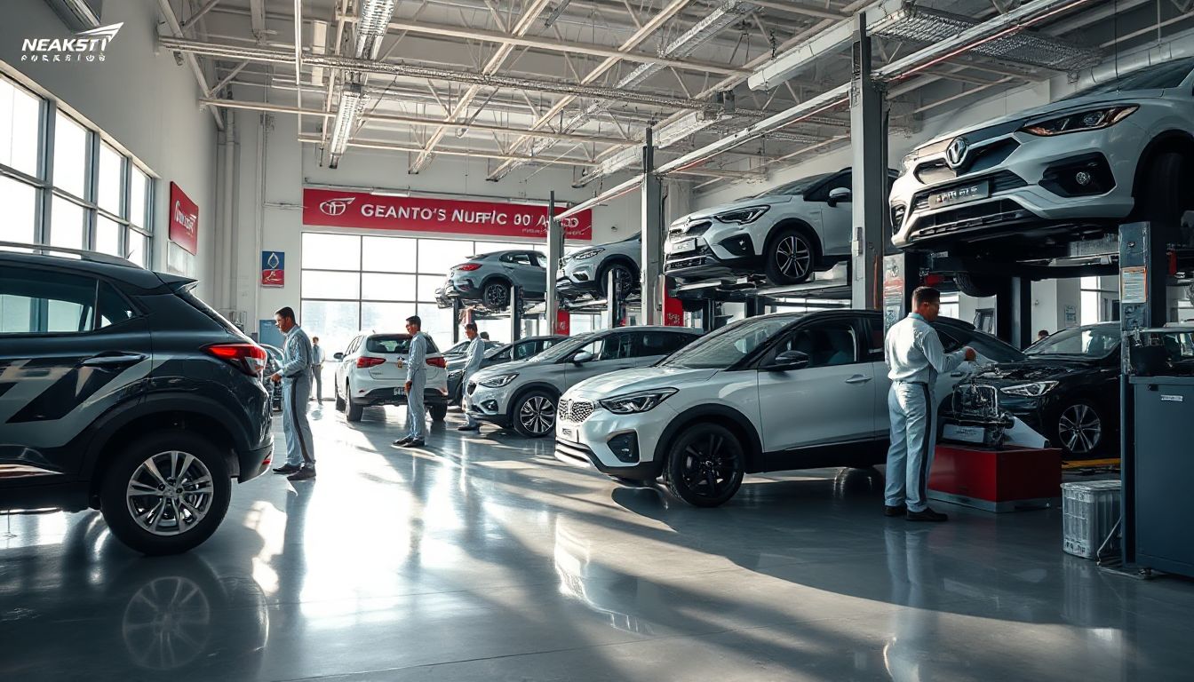 (A modern multi-brand car workshop bay, with various car models getting serviced by skilled technicians.)