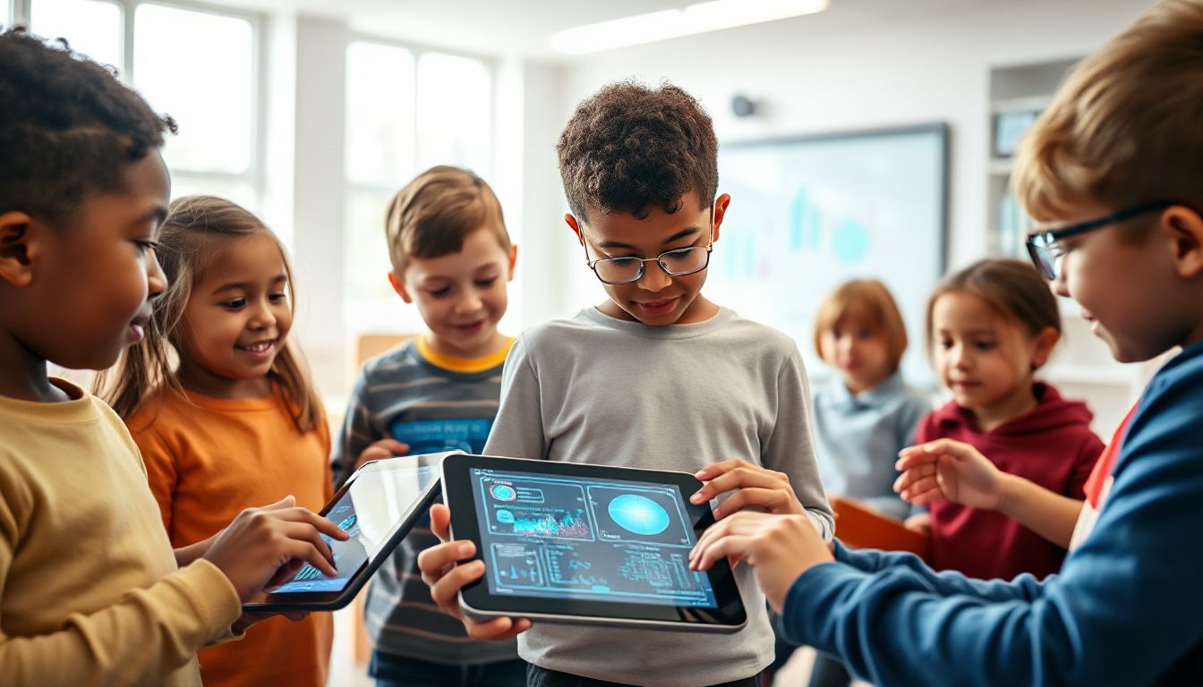 A young child interacts with a tablet, a glowing light illuminates their face, representing a future shaped by advanced digital tools and artificial intelligence.