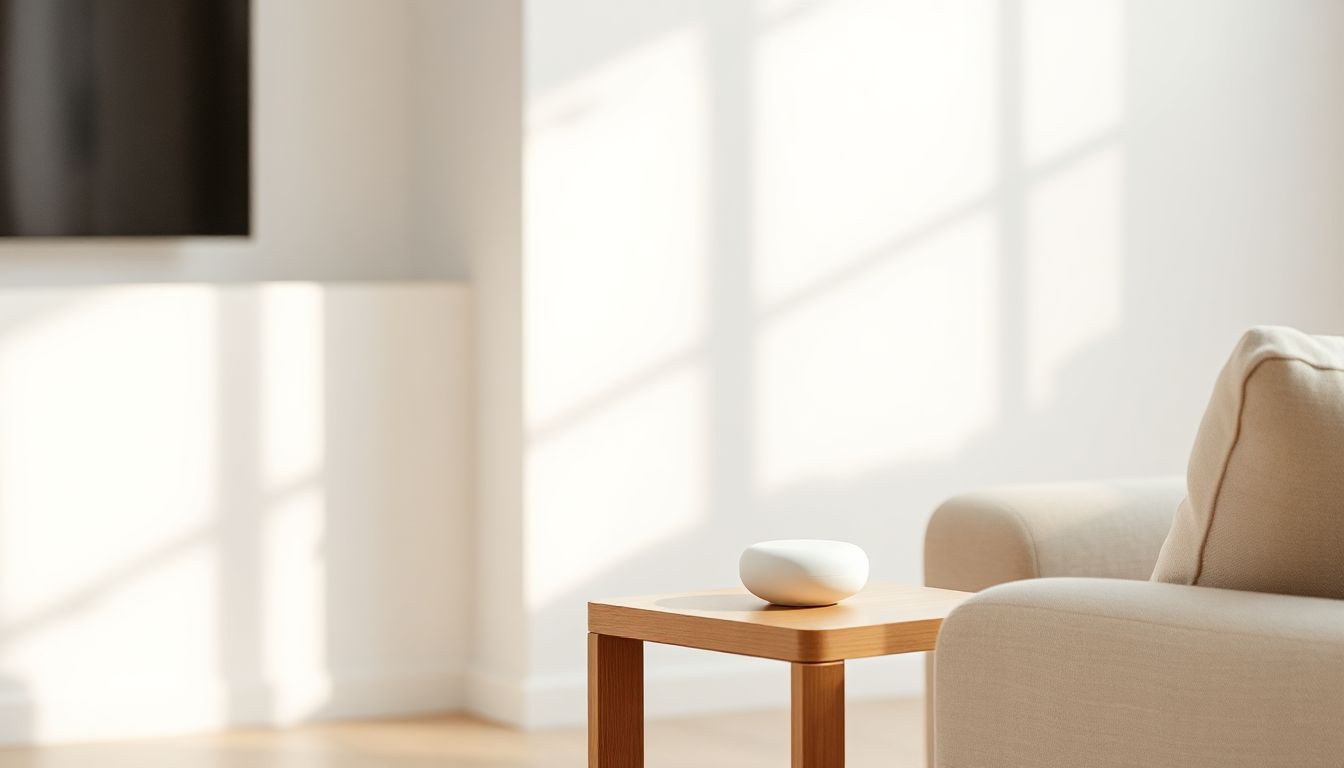 (A person interacts with a smart speaker, which connects to various smart home devices like lighting, security cameras, and a thermostat. This shows the convenience of controlling an entire home with just voice commands.)