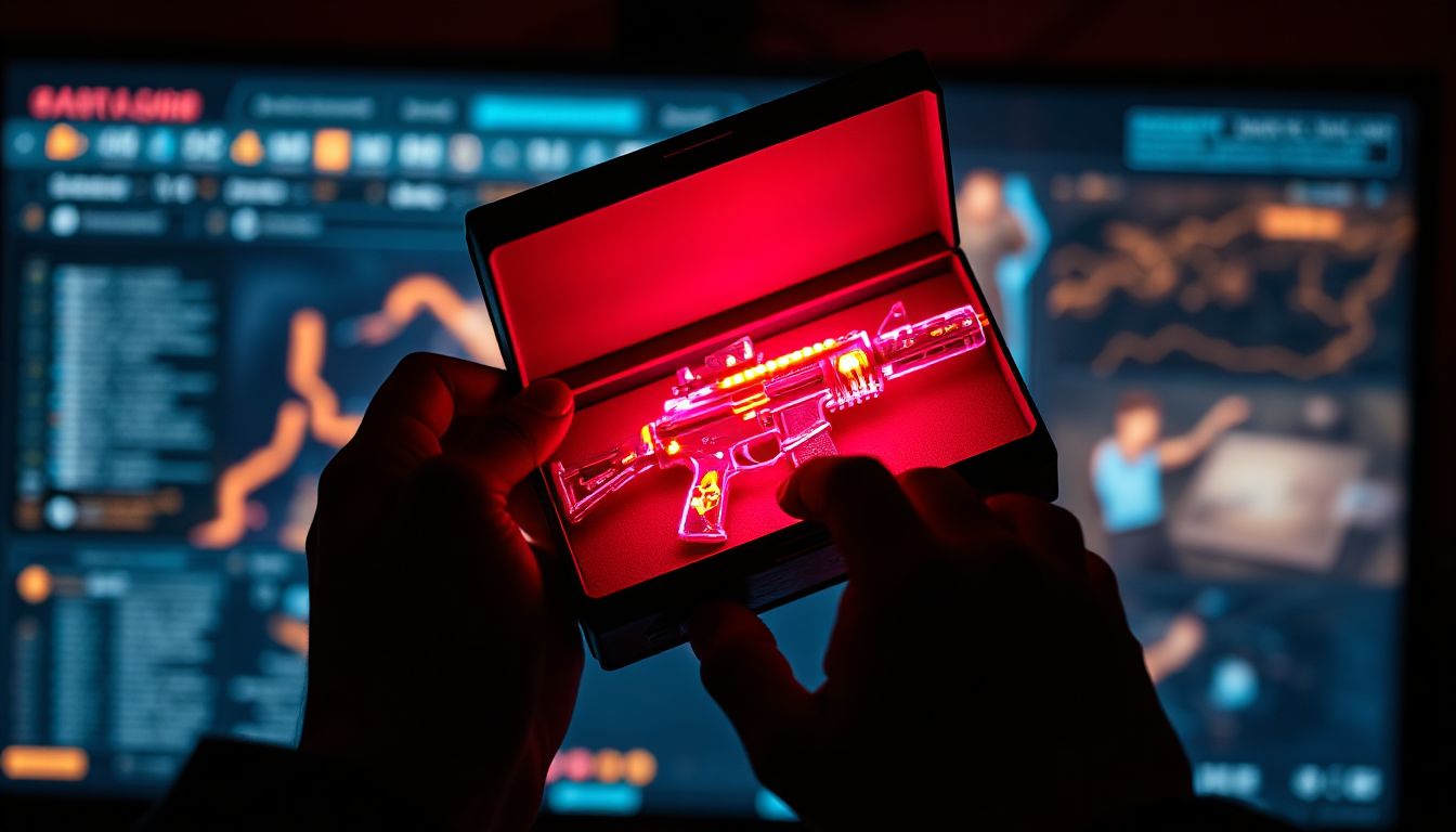 A vibrant assortment of Counter-Strike 2 weapon skins, glowing with various rarities from common blues to ultra-rare reds and golds, arranged neatly on a digital background, showcasing the visual appeal and diversity of in-game items players can unbox.