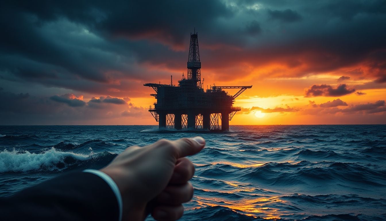 (Offshore worker in safety gear looks out at a vast oil rig against a dramatic sky, symbolizing the dangers of maritime work)