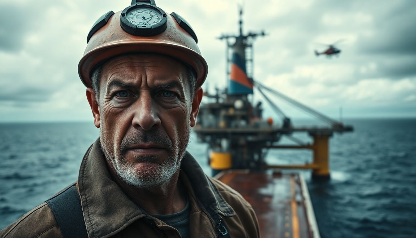 (Injured offshore worker with a hard hat looks out at a vast oil rig)