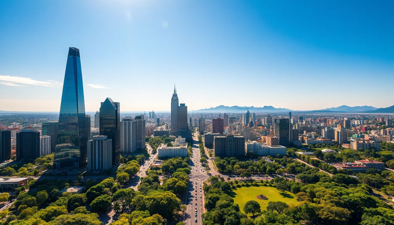 A vista panorâmica da vibrante São Paulo, com seus arranhões-céus sob um céu azul, mostra a energia da metrópole.