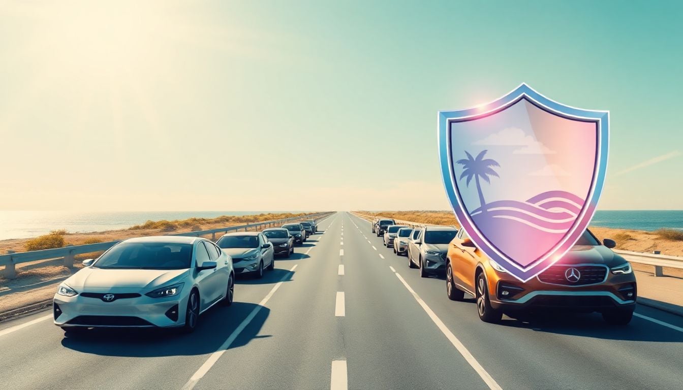 A car drives down a palm-tree-lined road in Florida, sun shining, illustrating the everyday need for reliable car insurance.