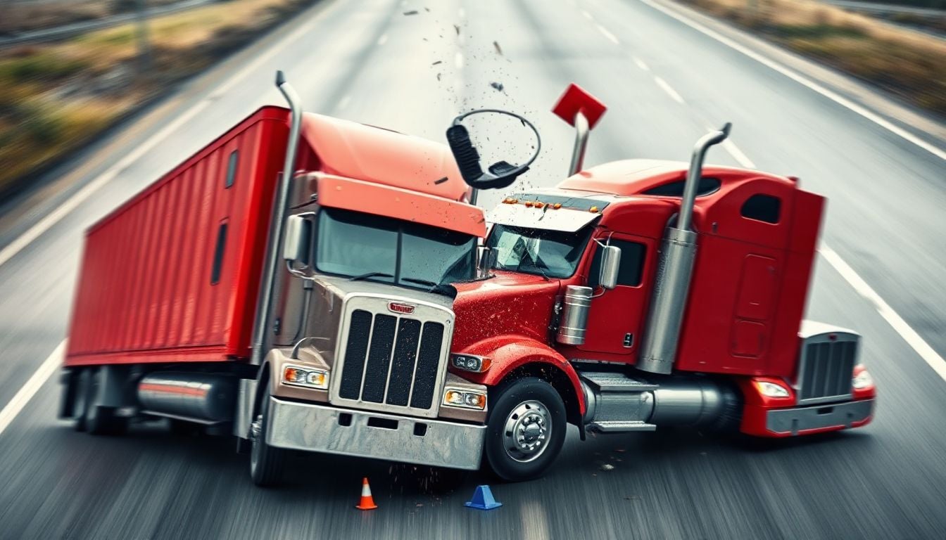 A wrecked semi-truck being inspected after a severe collision, highlighting the destruction and legal complexities of commercial vehicle accidents.
