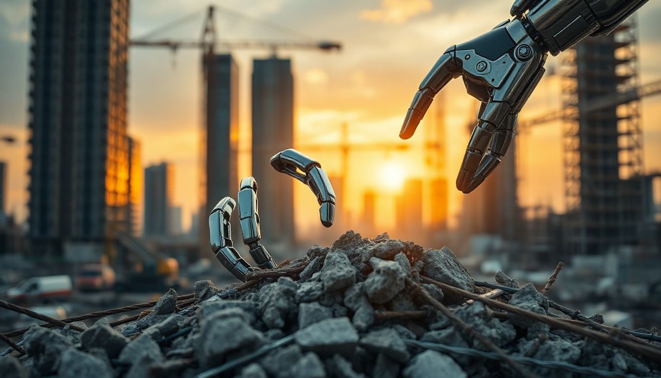 Ein Bauarbeiter auf einer Baustelle nach einem Unfall, der Schmerz ausdrückt.