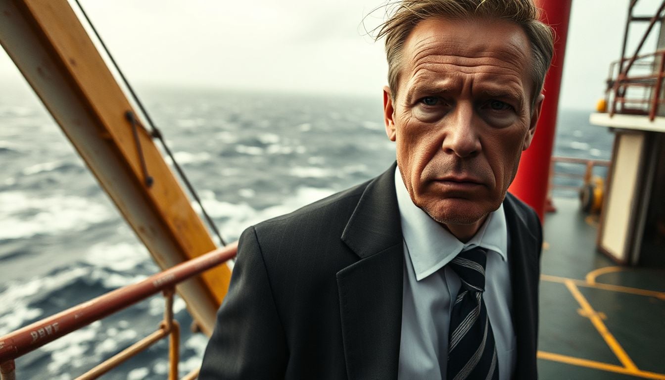 A determined oil rig worker in a hard hat looks out over the offshore platform, representing resilience and the serious nature of his work.